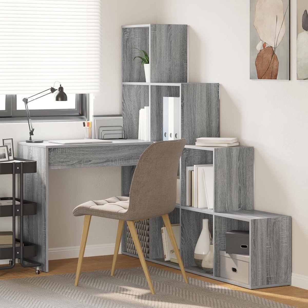 Hoekbureau met plank, grijs, Sonoma 101,5 x 149,5 x 149,5 cm, bureau, computertafel, kantoortafel voor thuiskantoor, werkkamer, studentenkamer, woonkamer, 3337246