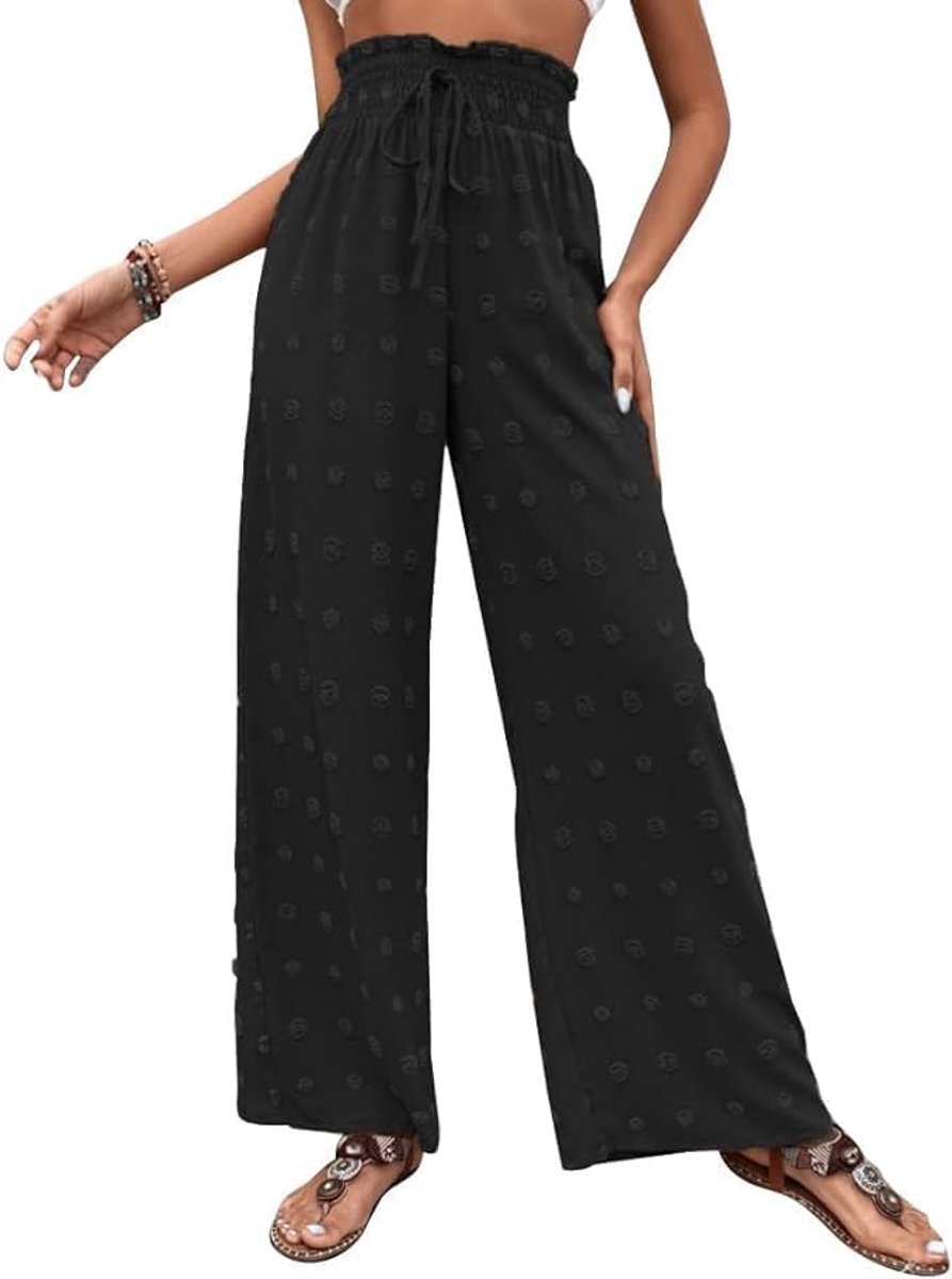 brede damesbroek met trekkoord, hoge taille, effen, brede pijpen, elegant en comfortabel, voor kantoor, vrijetijdsbroek