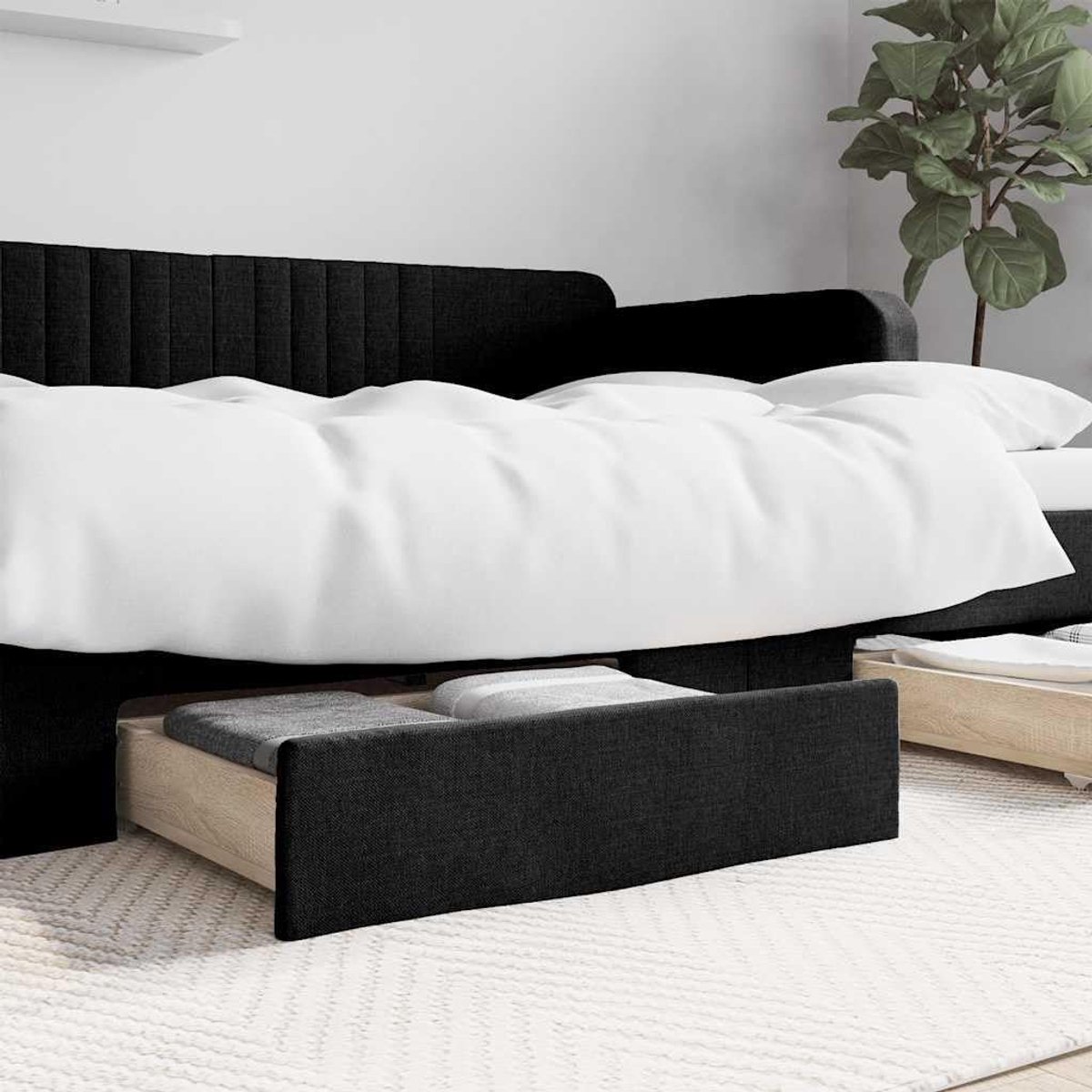 Set van 2 bedladen onder het bed, oprolbare opbergruimte voor slaapkamer, zwart, houtmateriaal met textielbekleding, onderbedcommode