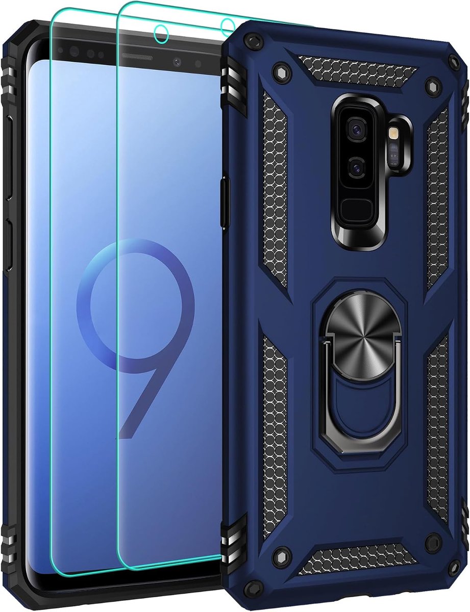Telefoonhoesje voor Samsung Galaxy S9 Plus, met 2 stuks beschermfolie, 360 graden draaibare houder, ring, krasbestendig, militair, schokbestendig, outdoor beschermhoes, blauw