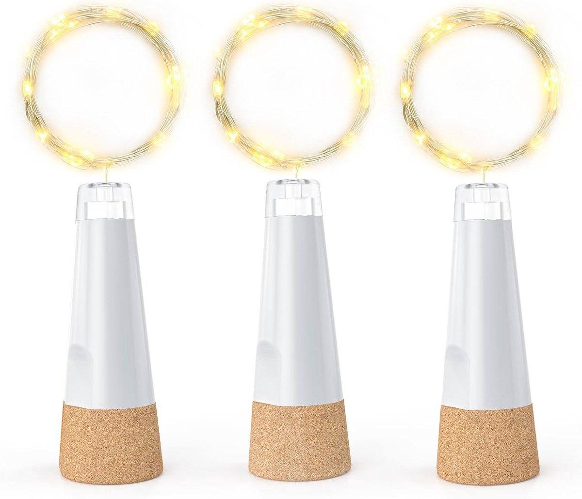 LED flesverlichting met kurk, 2 m 20 lampjes, koperdraad lichtslinger voor kerst, bruiloft, feest, glazen potten, DIY decoratie(Warm wit, 3-pack)
