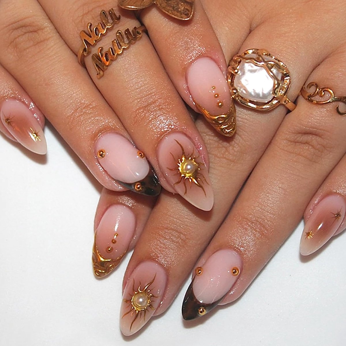 24 stuks press-on nagels, medium amandel, Franse nude, roze, kunstnagels met zonnester, 3D gouden ballerina nagels om op te plakken, natuurlijke kunstnagels om op te plakken, voor vrouwen