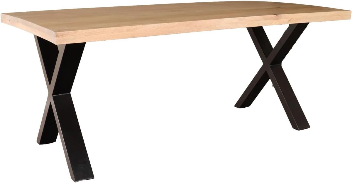 Eettafel rechthoekig mangohout Xavier lichtbruin 180cm duurzaam tafel met X-poot mango rechthoekige eetkamertafel hout
