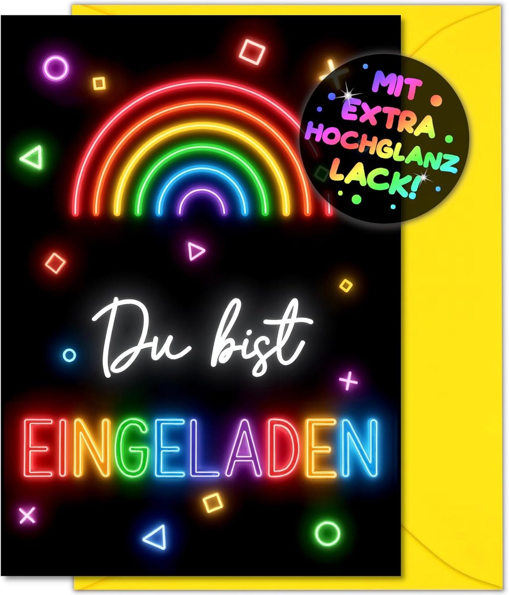 12 x Neon Party uitnodigingskaarten kinderverjaardag meisjes jongens + 12 x enveloppen - de lichtgevende partykaarten zijn de regenbooguitnodiging voor jongens, kinderen, tieners, verjaardag, laserdag