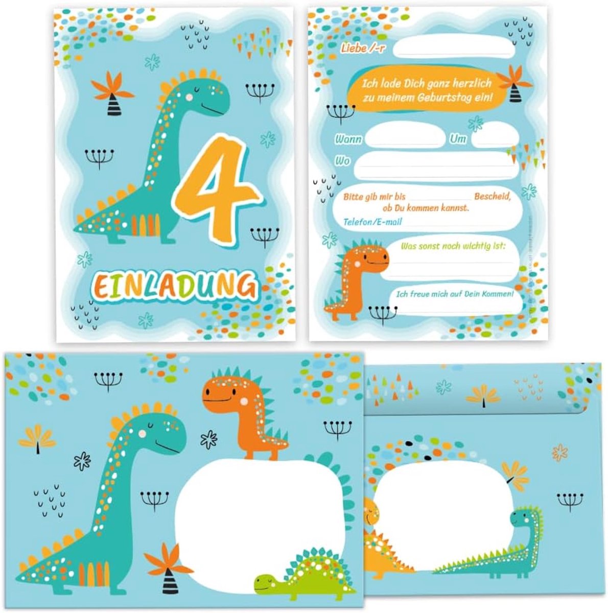 12 uitnodigingskaarten incl. 12 enveloppen voor de 4e kinderverjaardag vierde verjaardag jongens dino dinosaurus verjaardagsuitnodigingen