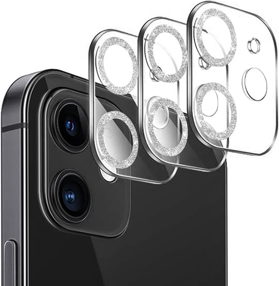 3 stuks camerabeschermingsglas, compatibel met iPhone 12 3D stereoscopische lensfolie, krasbestendig, hardheid 9H, HD, volledige camerabescherming, glinsterend, zilver