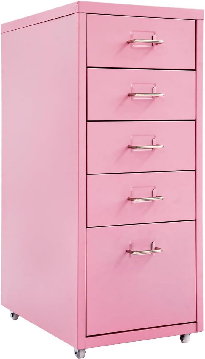 Archiefkast met 5 laden, ladekast op wielen voor kantoor en thuiskantoor, rolcontainer van staal, grote opbergruimte - mobiel en duurzaam (roze)