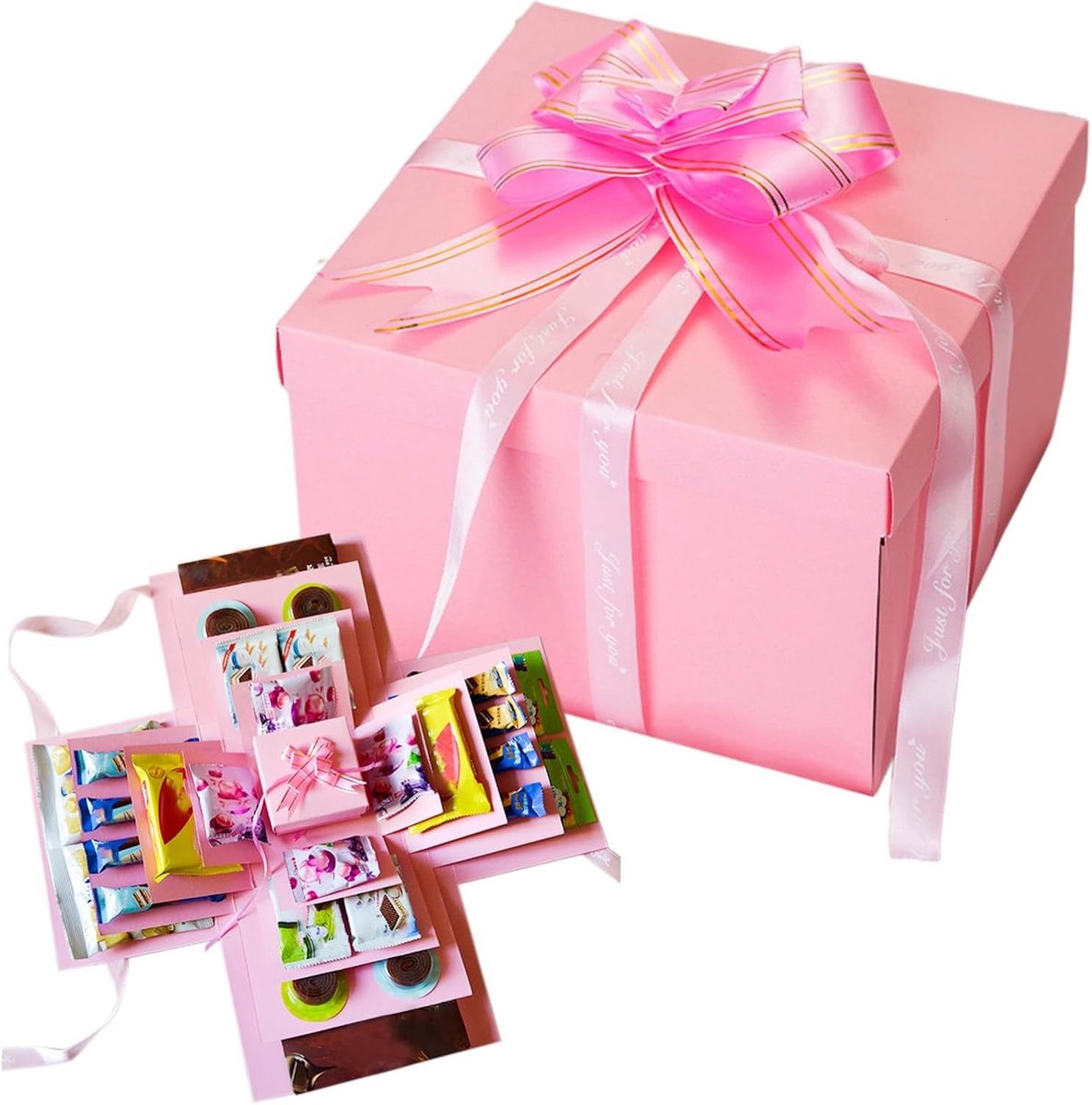 Verrassingsdoos met 5 Laag DIY Fotoalbum, Handgemaakte Explosiedoos voor Verjaardag, Bruiloft en Valentijnsdag, Perfect Cadeau voor Feestdagen en Speciale Gelegenheden (Roze)