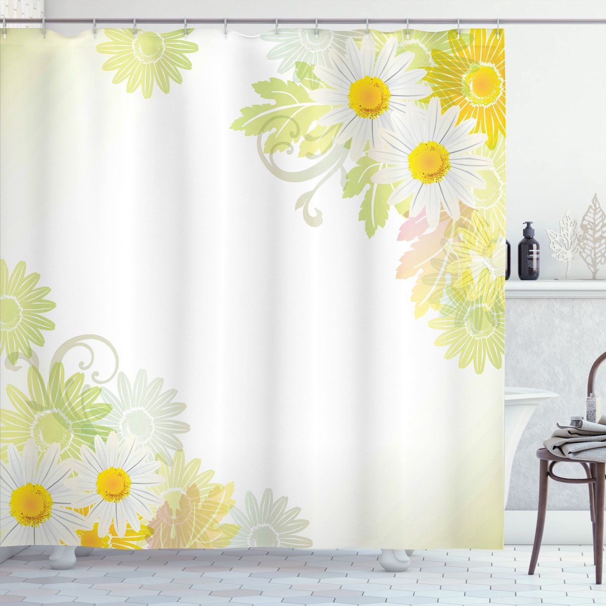 ABAKUHAUS Bloemen Douchegordijn, Abstract, Stoffen Badkamerdecoratieset met Haken, 175 x 240 cm, Wit en Geel