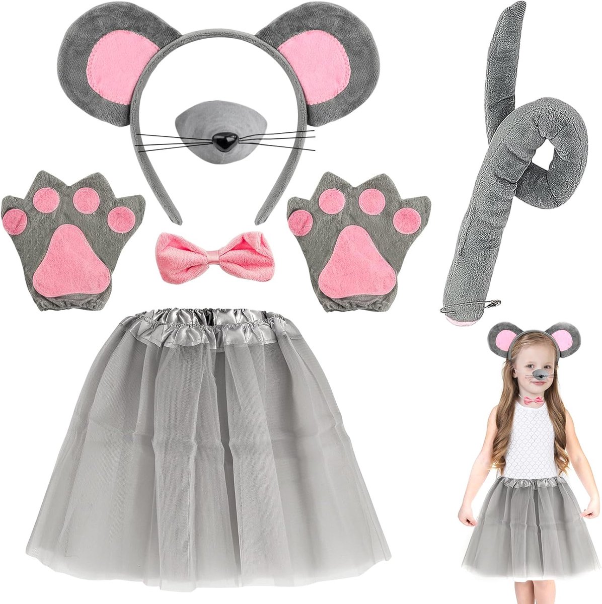 7 stuks tule rok muizenkostuum set verkleden dierkostuum met hoofdband, neus, vlinderdas, staart, handschoenen, tutu, accessoires voor kostuums, cosplay