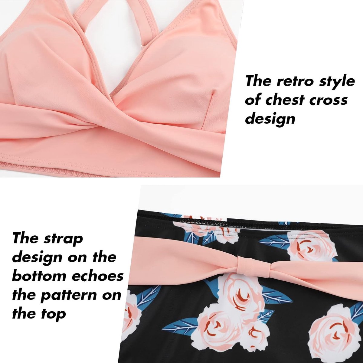 Tweedelige damesbadpakken, bikini met gekruiste top, hoog getailleerde bodem, badpakken voor buikversteviging, badmode met vintage motief