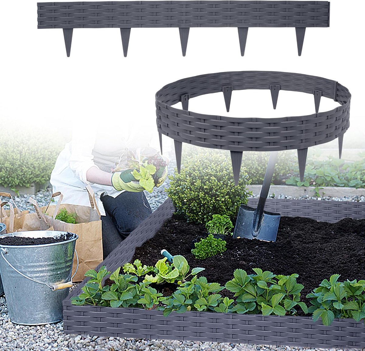 30 m gazonrand met 30 elementen á 100 cm, buigbare kunststof in rotan design, bloembedomranding, borderrand, tuinpalissade, beetzhek, palissades (30 stuks, grijs)