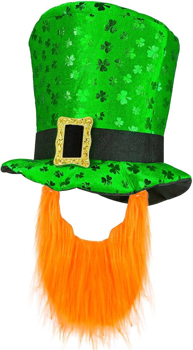 WIDMANN MILANO Party Fashion - St. Patricks Day cilinder met baard, groen met klaverkleden, Kobold verkleedkleding