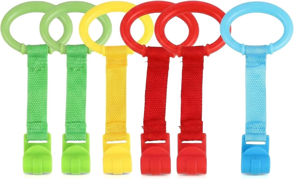 Set van 6 optrekringen voor babyboxen, gemengde kleuren, wieghaken voor peuter, staand, training, veiligheid, wandelassistent en babyharnas voor wandelen, leren kinderbed (willekeurige kleuren)