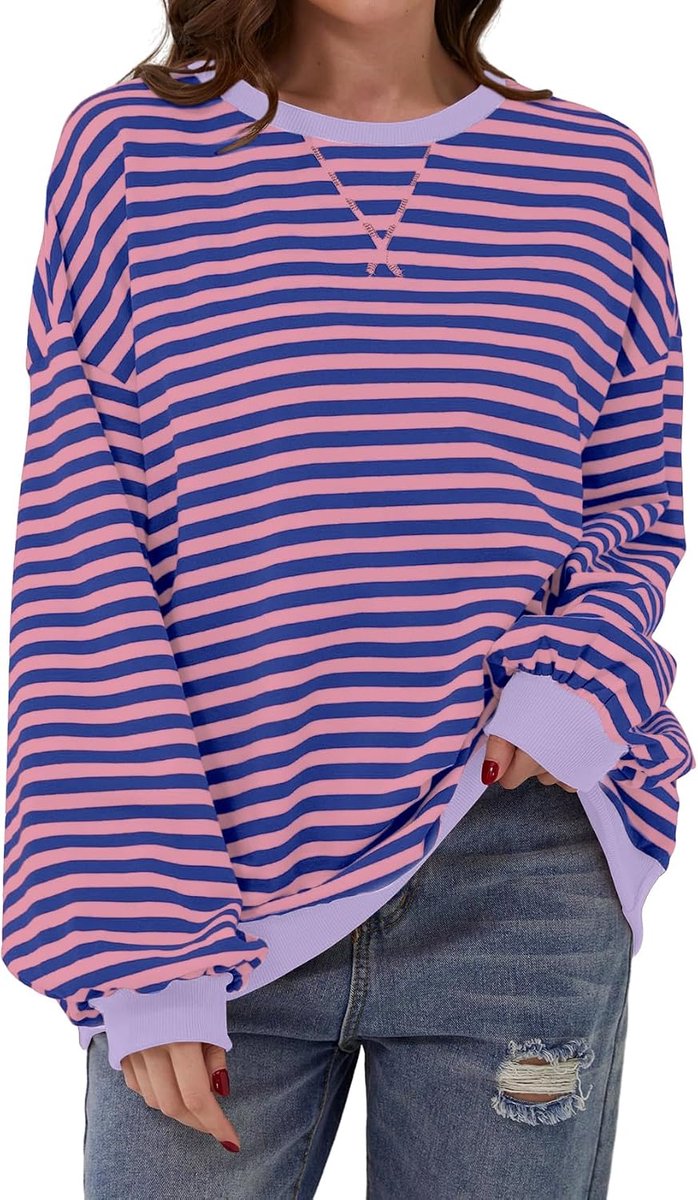 Sweatshirt,Y2K, voor dames, gestreept, oversized, lange mouwen, herfst, ronde hals, sweatshirt