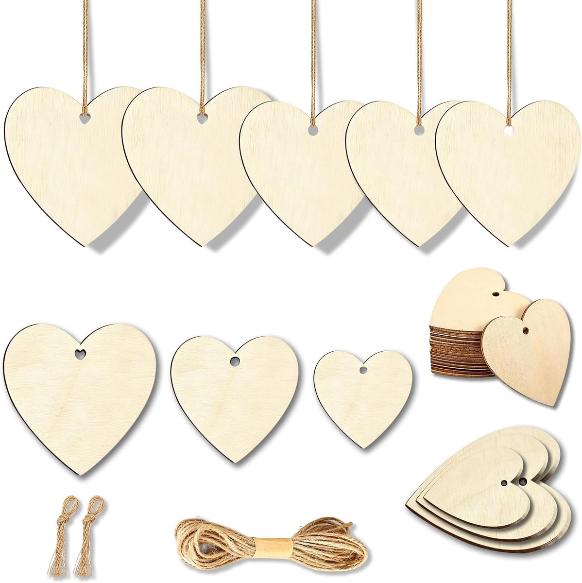 70 Stuks Houten Hartjes Decoratie, 8/5/3 cm Houten Harten om te Beschrijven, Hangers met Gaten voor Beschilderen en Versieren van Handgemaakte Houten Hartjes als Cadeaulabels