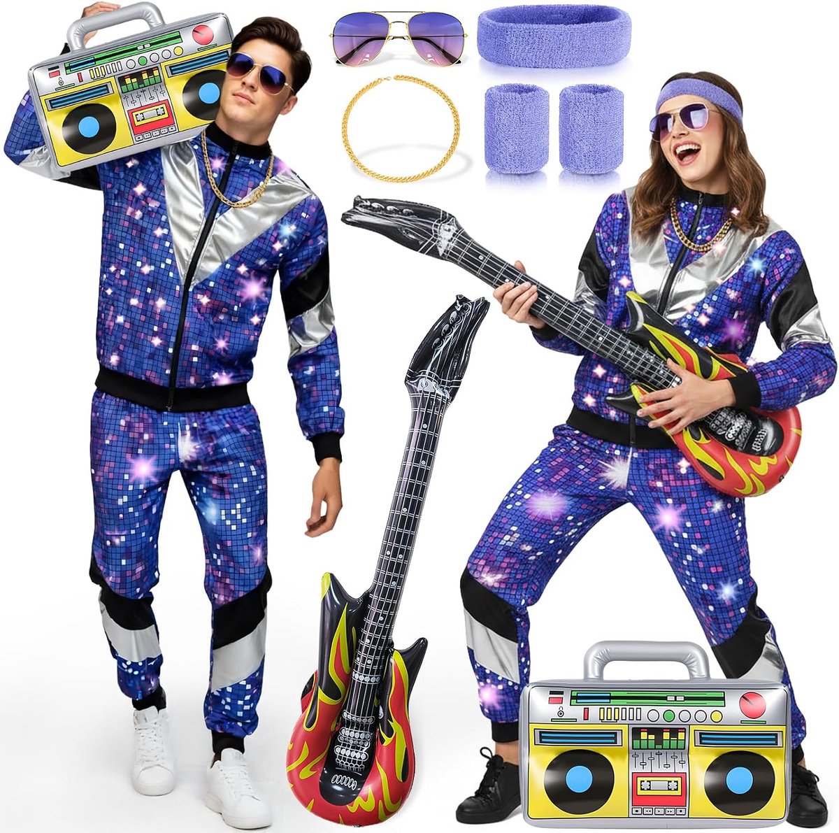 Jaren 80 en 90, carnavalskostuums voor mannen en vrouwen, trainingspak met blauwe pailletten, gouden ketting, zonnebril, hoofdbanden, opblaasbare radio, carnaval, cosplay