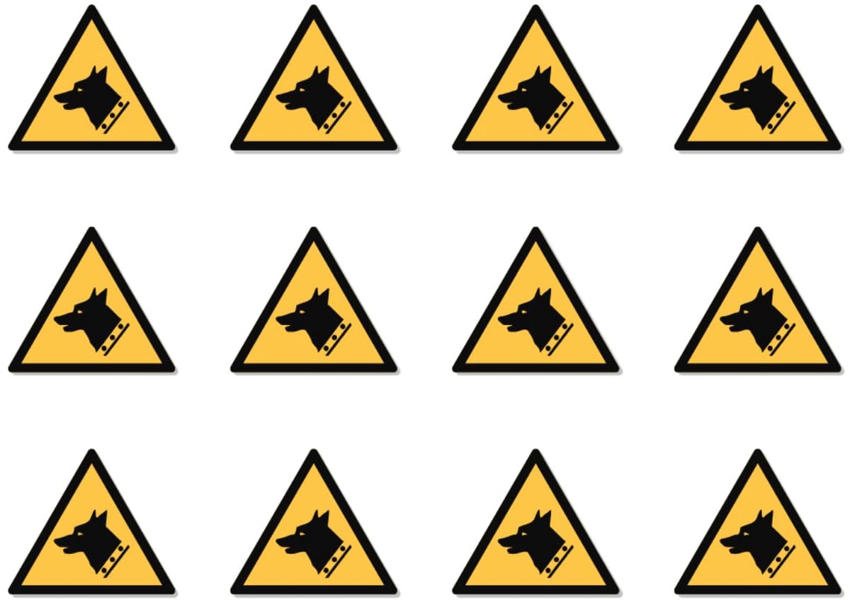 Waarschuwing voor waakhonden: W013 - DIN EN ISO 7010 / ASR A1.3 - Stickers: Ø 2,5 cm, 12 stuks