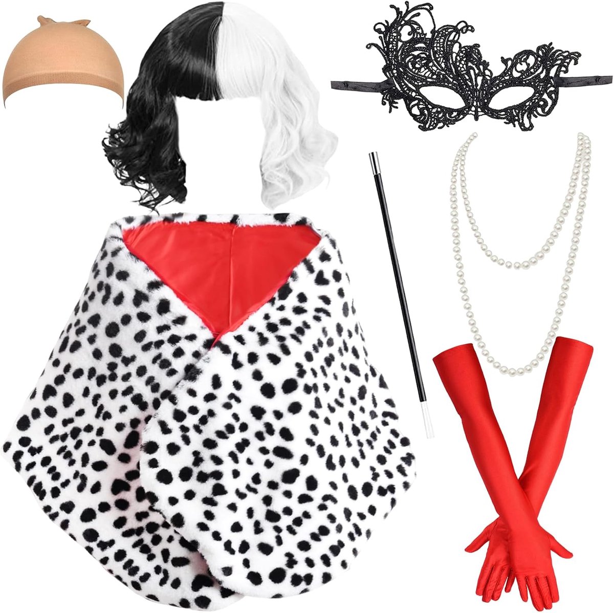 7 stuks Halloween dameskostuumset met korte zwarte en witte pruik, jaren 20 lange rode handschoenen, kanten masker en parelketting voor Halloween, themafeest, carnavalskostuum voor vrouwen en meisjes