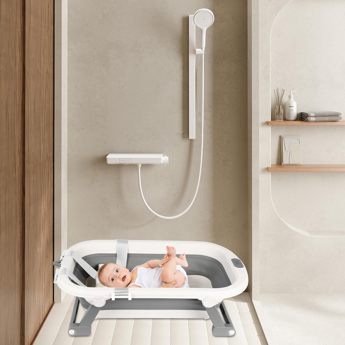 Babybad met ligstoel voor baby's en geïntegreerde thermometer, kinderbad met badzitje voor baby's, babybad op voet, gele eend, grijs