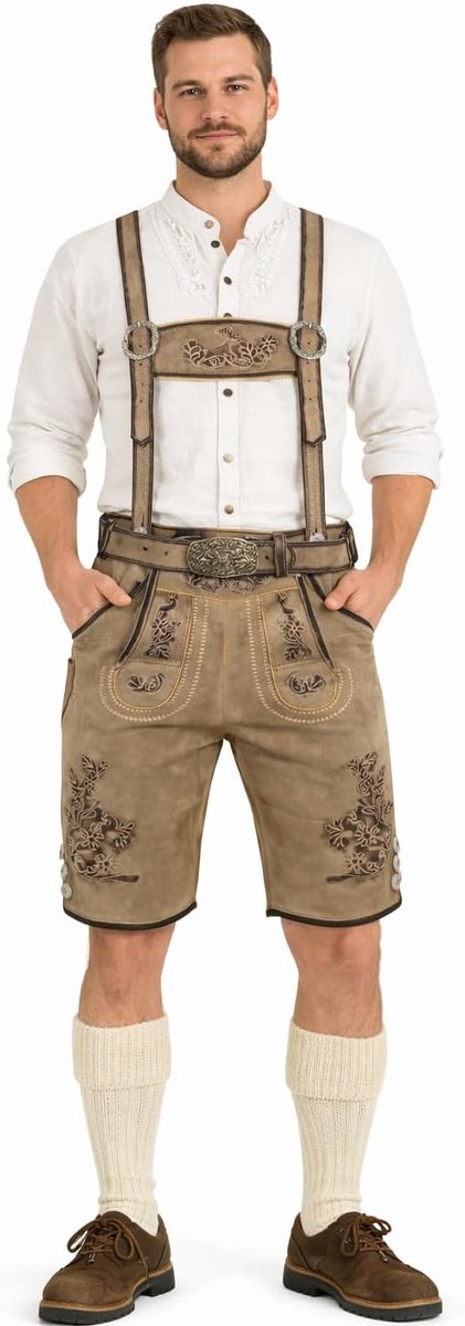 broek heren klederdracht - klederdrachtbroek heren geitenleer (100% geitenleer) - korte lederhose antiek met drager en riem Gr. 46-60