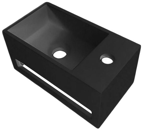 Zwarte solid surface wastafel met kraangat rechts en geïntegreerde handdoekhouder.