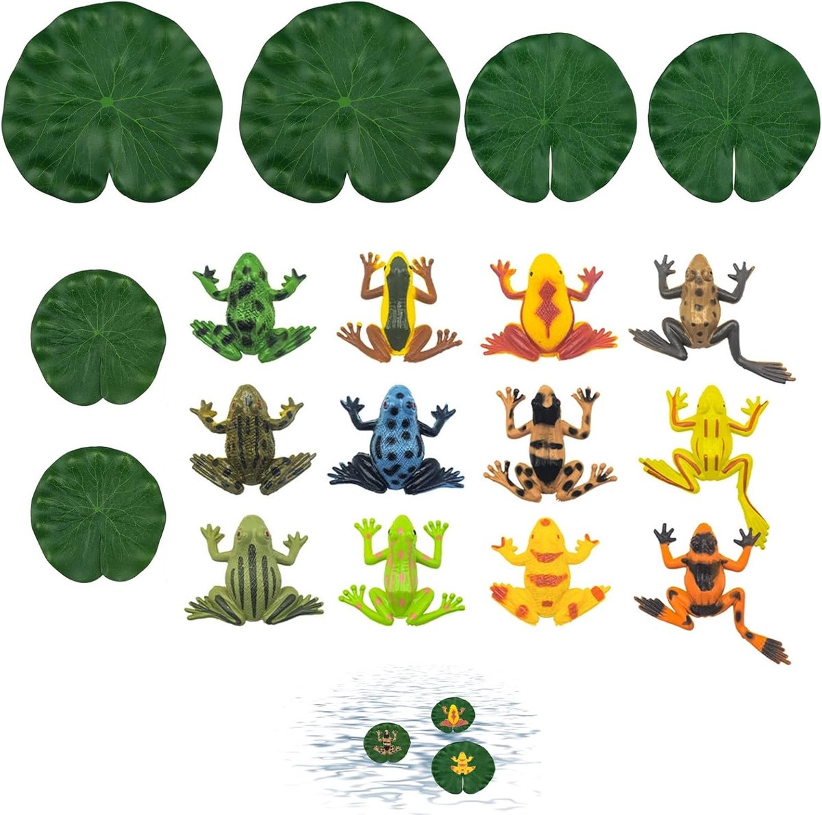 18-delige kikker decoratie set met 12 realistische kikkerfiguren en 6 waterleliebladeren, PVC dierenfiguren en zomerse vijverdecoratie voor tuin, balkon, aquarium en knutselprojecten