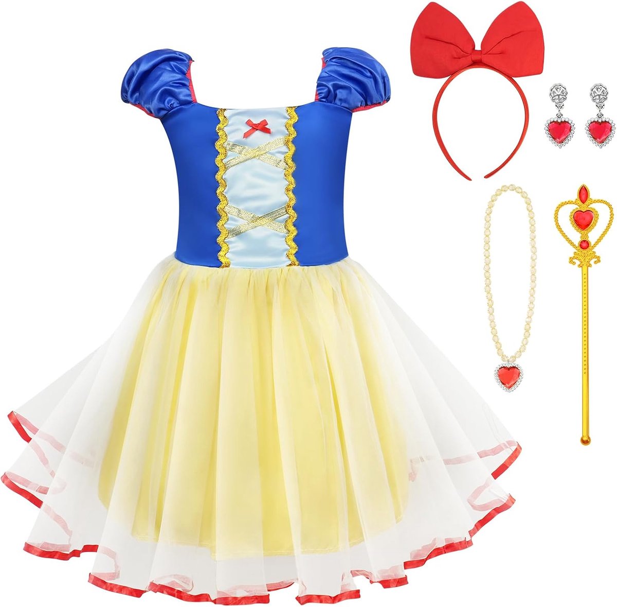 Prinsessenjurk met witte sneeuw, voor kinderen, 5-delige set, meisjesjurk met halsketting, oorbellen, kroon en toverstaf, cosplay, lange kleding voor carnaval, verkleedpartij, Halloween