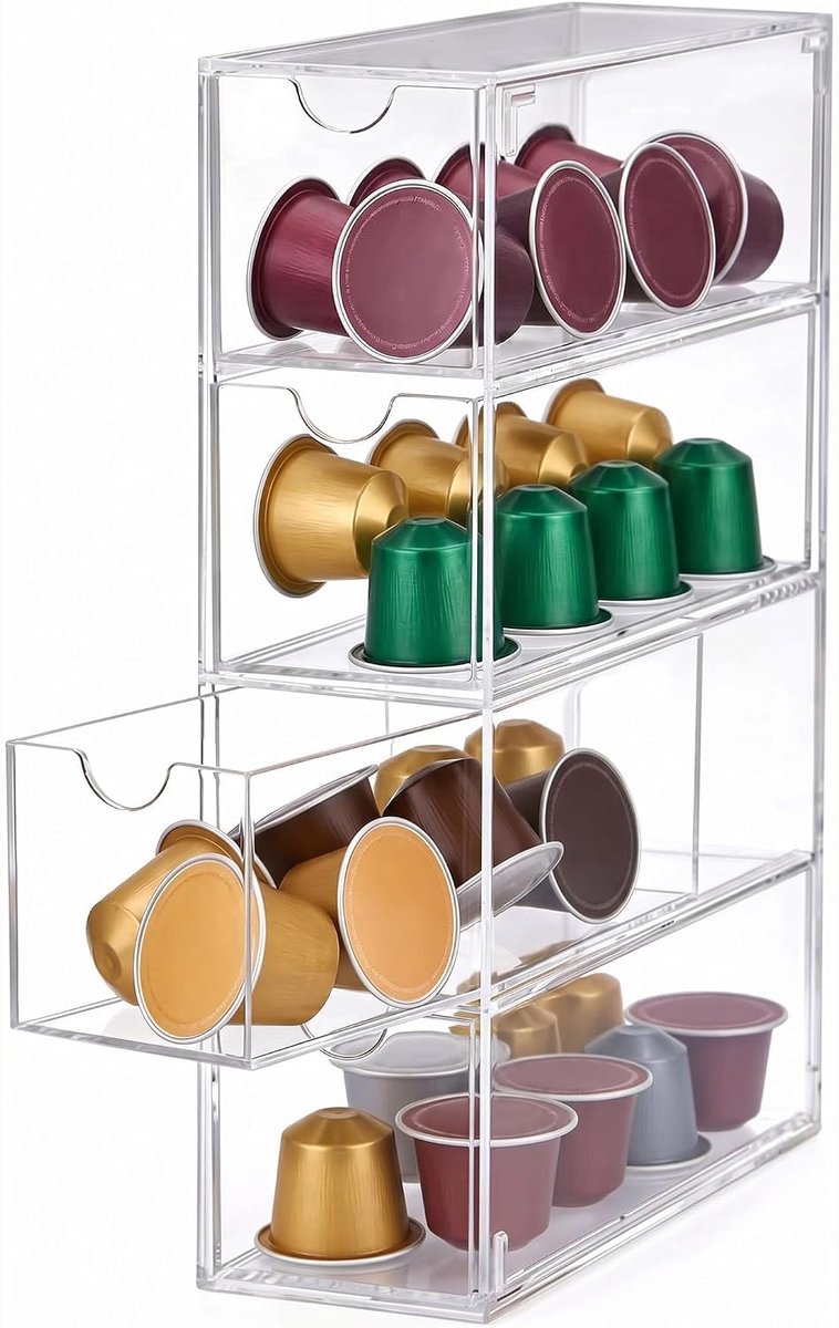 Opberglade voor koffiecapsules, transparant, transparante koffiecapsulehouder, acryl opslag met 4 laden (24,7 x 17,6 x 6,6 cm)