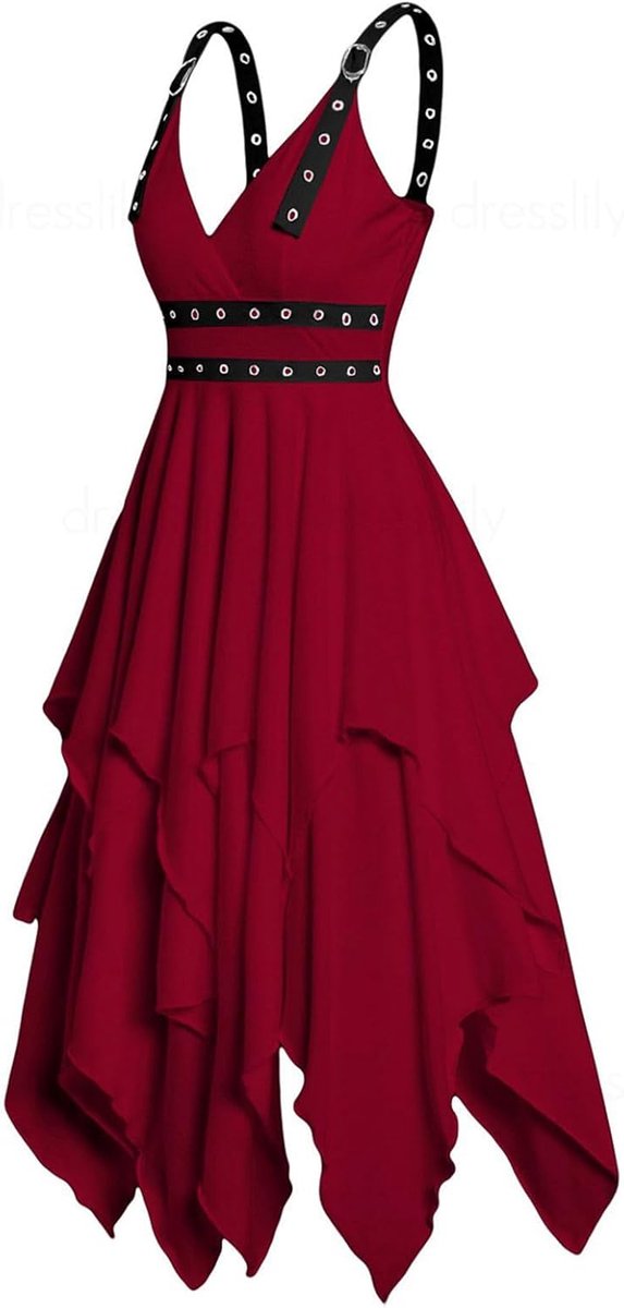 Solide gothic jurk vrouwen Halloween cosplay kostuum onregelmatig mouwen riem jurk effen kleur gelaagde jurk