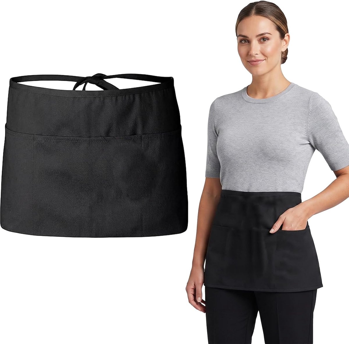 Taille schort met 3 zakken, waterdichte ober met lange riemen, ideaal voor restaurant, bar en bistro, unisex serveerschort voor dagelijks werk