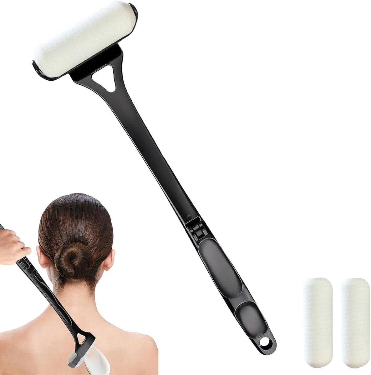 Crème-applicator voor de rug, met 2 verwisselbare rollen, inklapbare handgreep, vrijstaand gebruik van lotion, zonnecrème en douchegel voor de rug