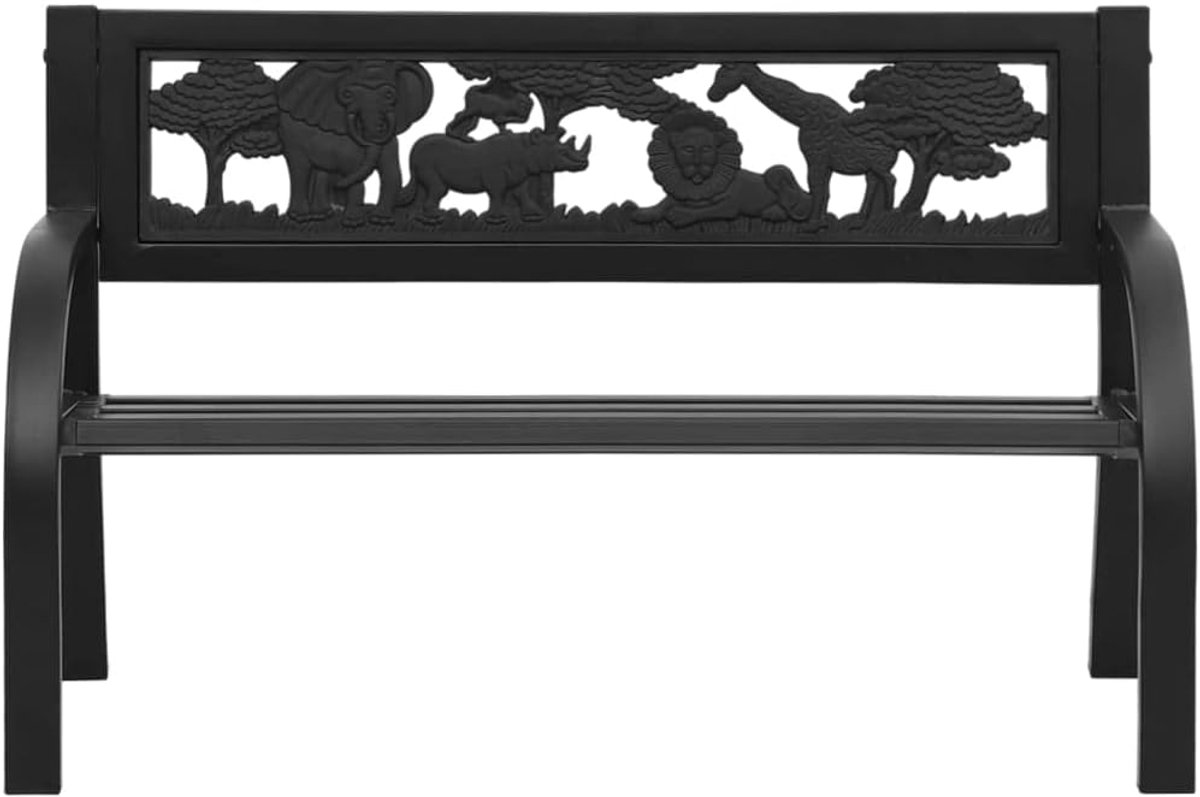 Kinderbank met rugleuning, staal, 86 cm, tuinbank voor kinderen, robuuste zitbank met schattige dier- en plantenversieringen, maximale belasting 110 kg per zitplaats