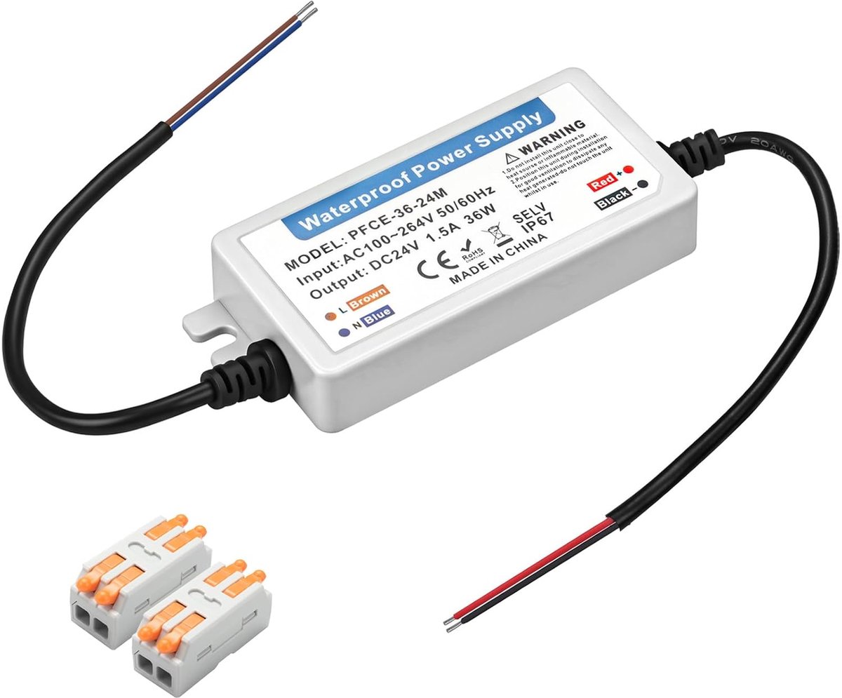 Dunne LED Transformator 230V naar 24V DC, 36W 1,5A, IP67 Waterdichte LED Voeding Plat met 2 Connectoren voor LED Strips, Spots en Buitenverlichting