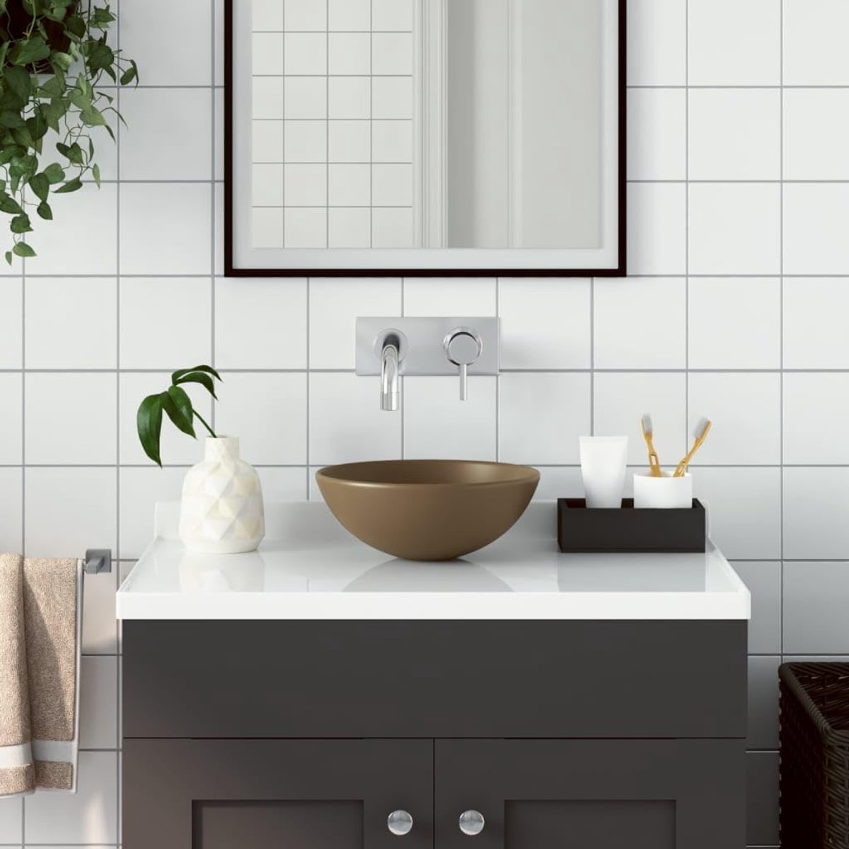 Opzetwastafel van keramiek in mat crème, modern design voor badkamer, gastentoilet en keuken, 280 x 100 mm