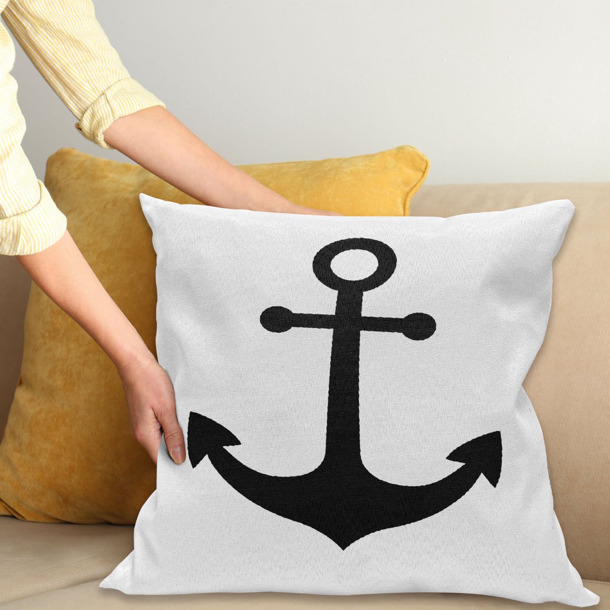 ABAKUHAUS Anker Sierkussenhoes, Nautisch Zwart Silhouet Naval Sign Maritime Sailing Ship Oceaan Zee Leven, Decoratieve Vierkante Sierkussenhoes, 50 x 50 cm, Wit Houtskool