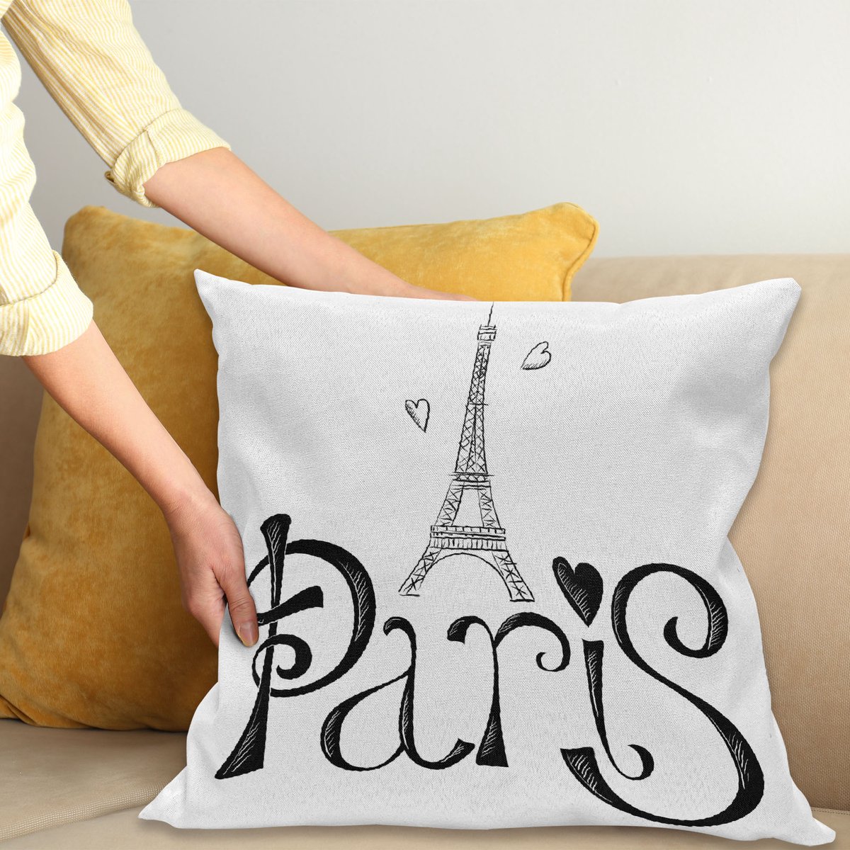 ABAKUHAUS Paris Sierkussenhoes, Illustratie met Eiffel Tower France Hart Vormen Silhouet Vacation Thema Kunst, Decoratieve Vierkante Sierkussenhoes, 45 x 45 cm, Wit Zwart