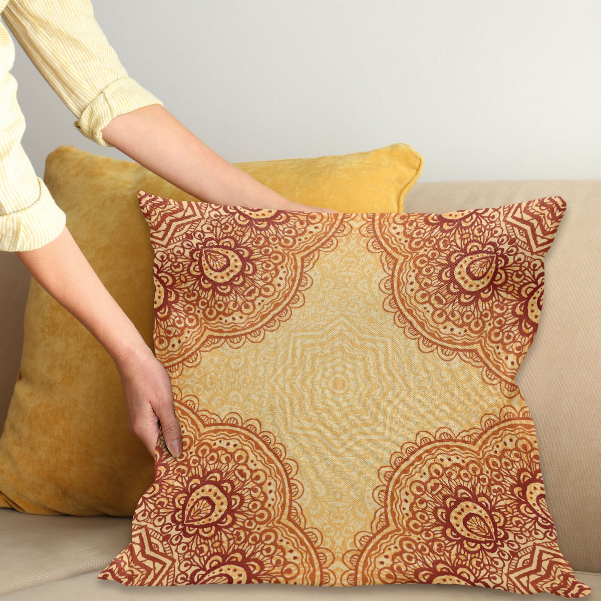 ABAKUHAUS Mandala Sierkussenhoes, Boheems Stijl Mandala Patroon Traditioneel Print, Decoratieve Vierkante Sierkussenhoes, 60 x 60 cm, Oranje Goudsbloem