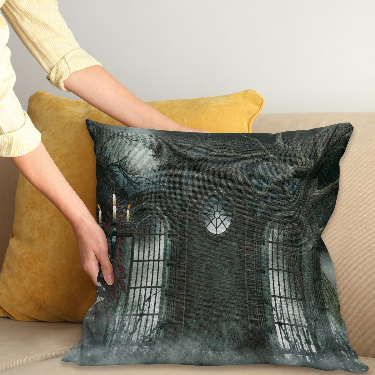 ABAKUHAUS Horror House Sierkussenhoes, Maan Halloween Historical Gothic Achtergrond Candles Fiction Uitzicht Fantasie Print, Decoratieve Vierkante Sierkussenhoes, 40 x 40 cm, Grijs