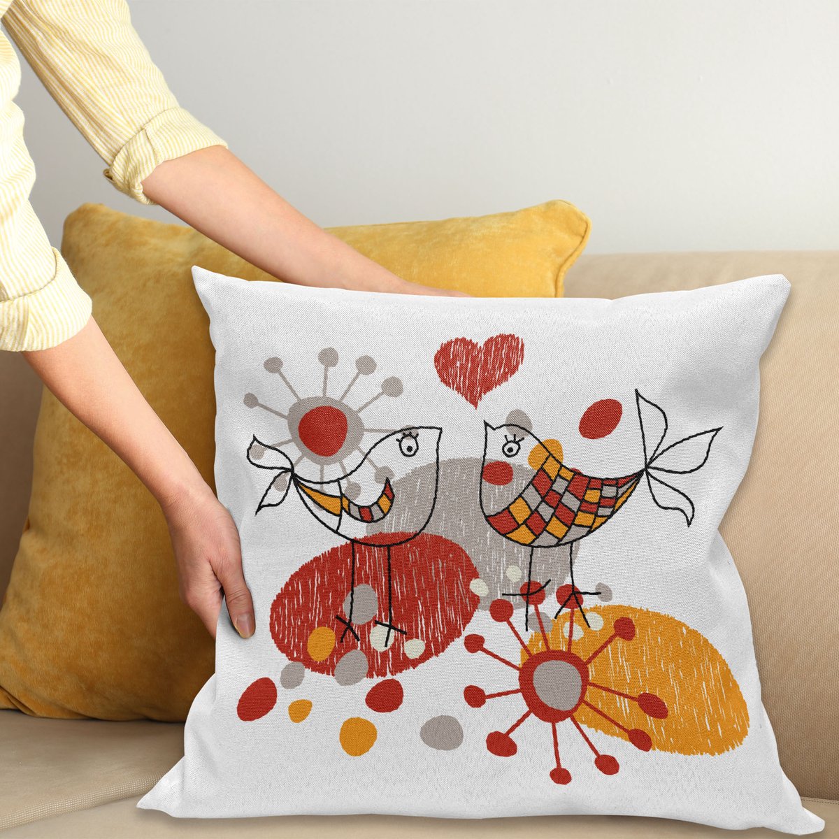 ABAKUHAUS Abstract Sierkussenhoes, Sketchy Drawing van Vogels met Retro Romantisch Grappig Ornamenten Print, Decoratieve Vierkante Sierkussenhoes, 60 x 60 cm, Goudsbloem