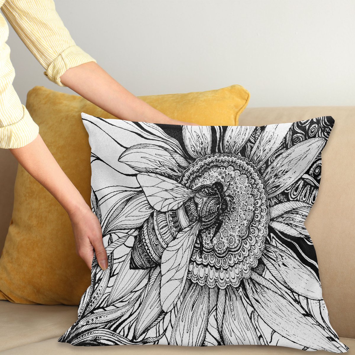 ABAKUHAUS Natuur Sierkussenhoes, Bee op een Bloem Honey Bloemen Moeder Aarde Phase Wilde Dieren Digital Print Kunst, Decoratieve Vierkante Sierkussenhoes, 50 x 50 cm, Zwart Wit