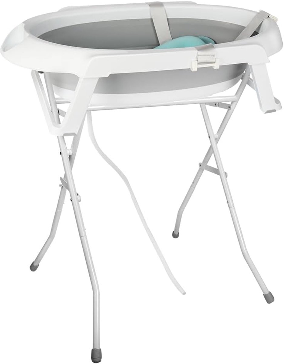 Babybad met houder, 84,5 cm, babybad op voet, veilig en comfortabel, opvouwbaar, met thermometer en badkussen, 63 x 60 x 84,5 cm, grijs