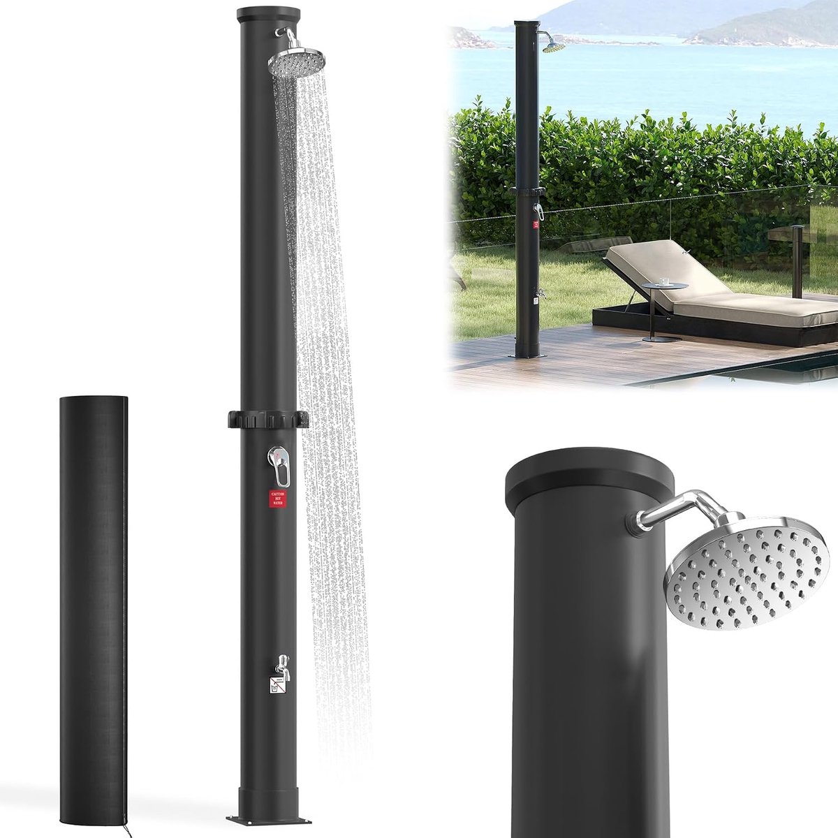 Douchesysteem op zonne-energie, 35 liter, watertemperatuur tot 60 °C, zonnedouche met 180° draaibare regendouchekop en tuinslangaansluiting, zwembaddouche, zwart