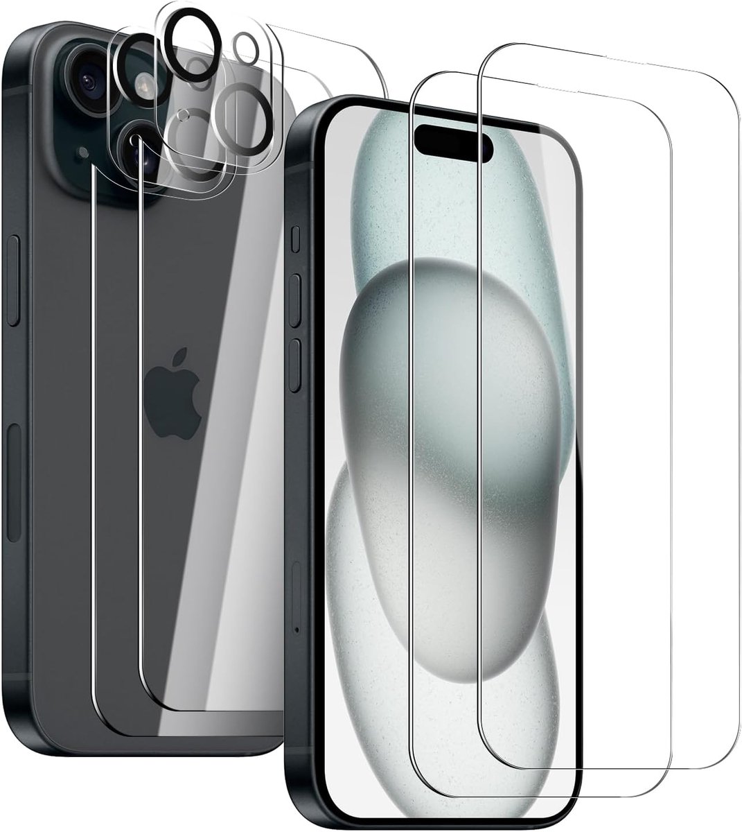 Glas Schermbeschermer Transparant voor iPhone 15 Plus, Set van 2 Schermfolie + 2 Lensbeschermers + 2 Achterfolie, Krasbestendig HD Helder