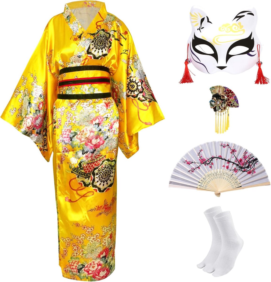 Kimono voor dames, traditionele Japanse kimono, jurk, bedrukt, bloemen met riem, Japanse robe, Yukata, cosplay-kostuumset
