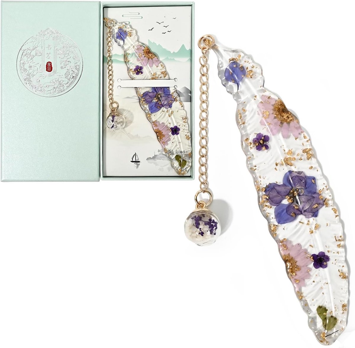 Bladwijzer met Geperste Bloemen, Handgemaakte Hars Boekenlegger met Hanger, Cadeau voor Vrouwen, Docenten en Moeders (Paars)