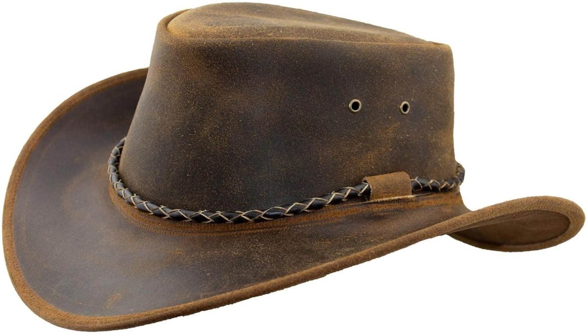 Jungle Kimbolton leren hoed, westernhoed, Australische hoed, cowboyhoed, tan, M