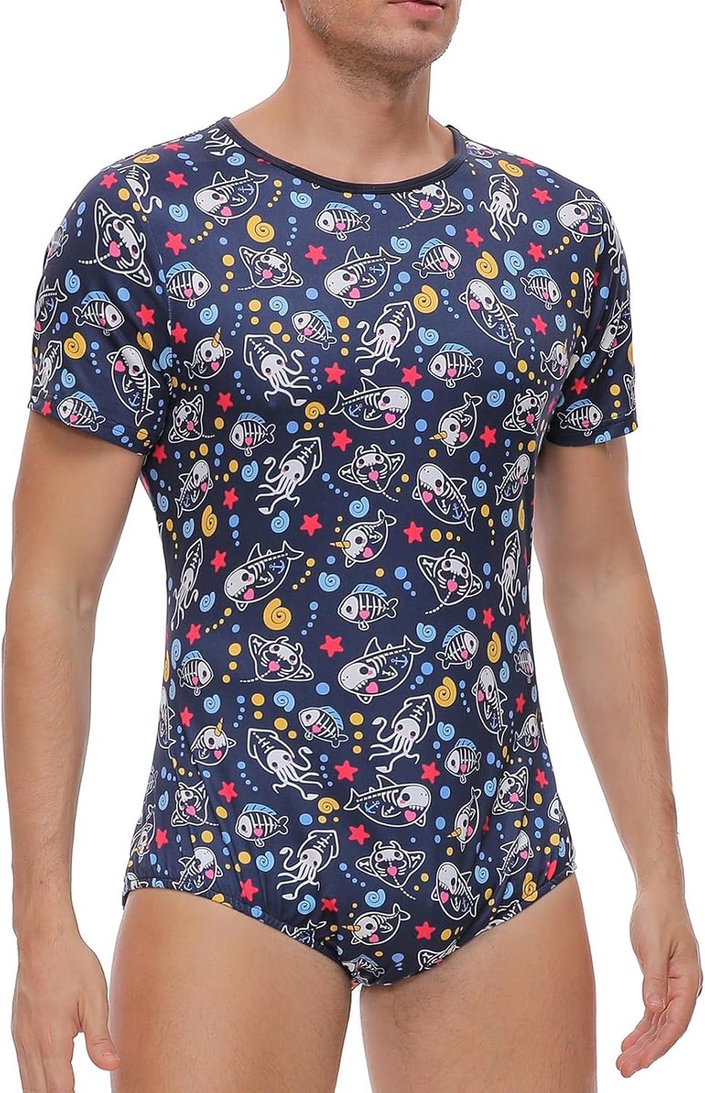 Onesie pyjama voor volwassenen voor heren: drukknoop kruis uit één stuk haaiblauwe bodysuit - schattig rompertje met korte mouwen