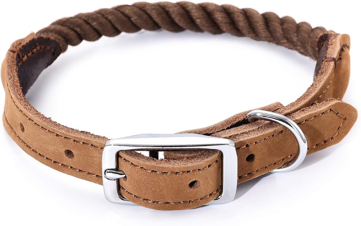 High Life | Premium katoenen touw hondenhalsband | RVS Pin Gesp Ring Hondenhalsband | Echt lederen riem kraag | Voor middelgrote honden grote honden (donkerbruin, medium nek 14"-18" -40lbs)