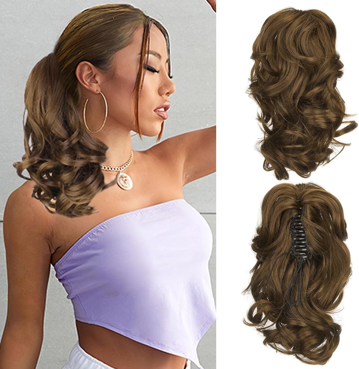 14 inch Paardenstaart Haarverlenging Krullend Golvend Klauw Kaak op Lange Korte Leuke Paardenstaarten Clip in Hair Extensions Paardenstaart Haarstukken Synthetisch voor Vrouwen, Asbruin
